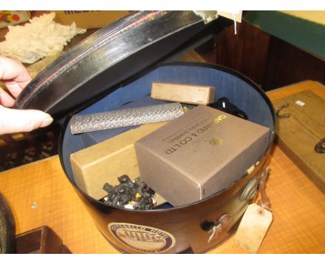 Hat box containing a quantity of playing cards, Mappin & Webb boxes, carved Chinese hardwood stand and miscellaneous other it