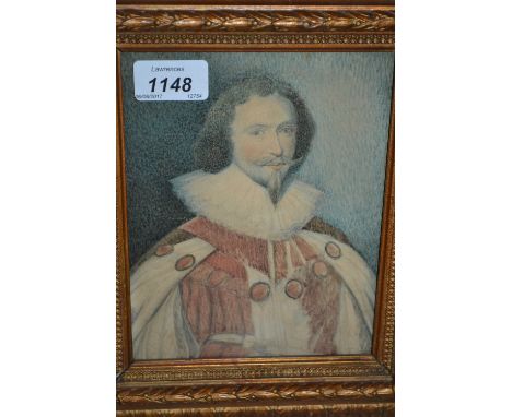 Antique gilt framed watercolour, head and shoulder portrait of an Elizabethan gentleman, 7ins x 5.5ins