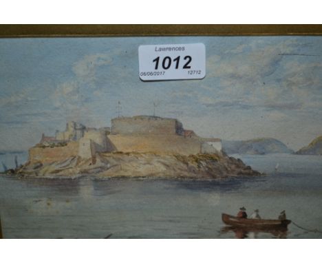 Small 19th Century watercolour, figures in an open boat before a fortified island, together with two gilt framed coloured por