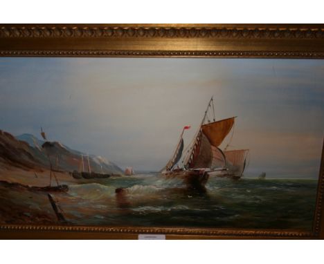 Robert Dumont Smith, oil on panel, sailing boats in heavy surf off the coast, signed, 9.5ins x 17ins