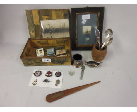 Quantity of shipping related items including silver sweetheart brooch, enamel badges, teak from H.M.S. Ironduke and Warspite 