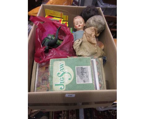 Box containing a large quantity of various games, puzzles, dolls etc. including draughts, Subbuteo and Chad Valley puzzle