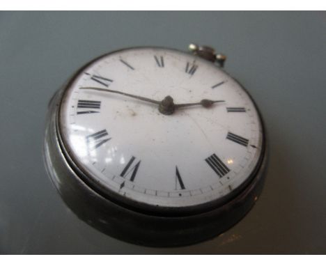 George III silver pair cased pocket watch having enamel dial with Roman numerals (a/f), movement signed Cadwalleder