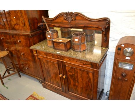 Good quality Victorian rosewood chiffonier, the mirrored shelf back with scroll supports above a variegated marble top, friez