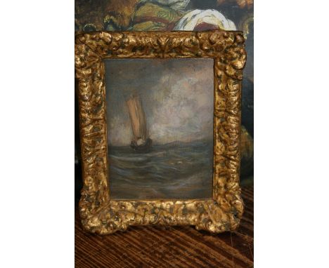 T.W. Allen, small 19th Century oil sketch on card, titled ' Rocked in the Cradle of the Deep ', in a contemporary gilt frame