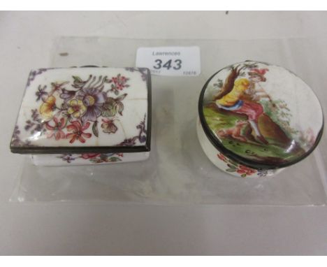 18th Century English enamel rectangular snuff box with hinged lid decorated with flowers (a/f) together with a similar circul