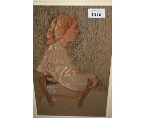 Hubert Lindsay Wellington, chalk study, portrait of Nancy at Stafford, signed with initials, 12.5ins x 8ins, gilt framed