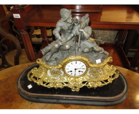 19th Century French dark patinated and gilded spelter mantel clock, the case surmounted by two figures of soldiers, the ename