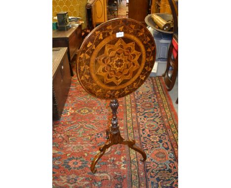 19th Century Irish Kilarney marquetry and parquetry inlaid circular wine table, raised on a later carved oak pedestal column 