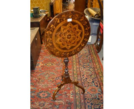 19th Century Irish Kilarney marquetry and parquetry inlaid circular wine table, raised on a later carved oak pedestal column 