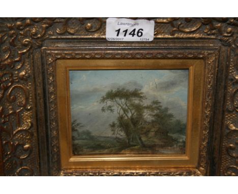 Antique miniature oil on panel, figure in a rural landscape, ornate swept gilt framed