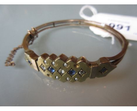 Victorian gold bangle set sapphires, diamonds and seed pearls (minus two seed pearls)