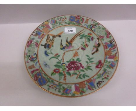 Chinese circular celadon wall plate enamel decorated with birds and flowers