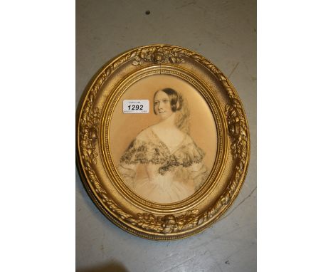 19th Century gilt framed oval half length portrait of a lady, 7.5ins x 6ins
