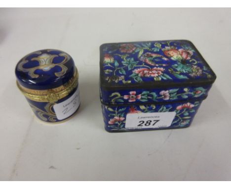 Canton enamel floral decorated rectangular box and cover together with a modern porcelain circular box with hinged cover
