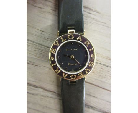 Bulgari ladies 18ct gold cased wristwatch, model B.0.1, with a black enamel dial and original patent leather strap with Bulga