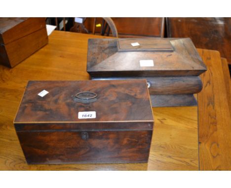 George III mahogany and line inlaid tea caddy together with a 19th Century rosewood sarcophagus shaped tea caddy (interior la
