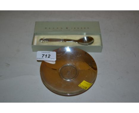 George Jensen, boxed silver handled preserve spoon together with a Norwegian sterling silver coin inset small dish