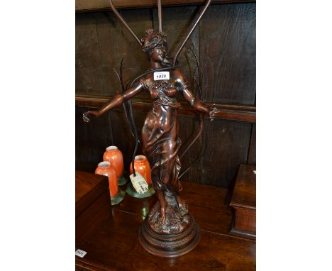 Reproduction bronzed composition three branch figural table lamp with green and orange mottled glass shades