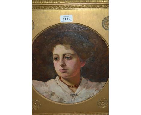 Manner of Frederick Leighton, 19th Century circular mounted oil on canvas, portrait of a young lady