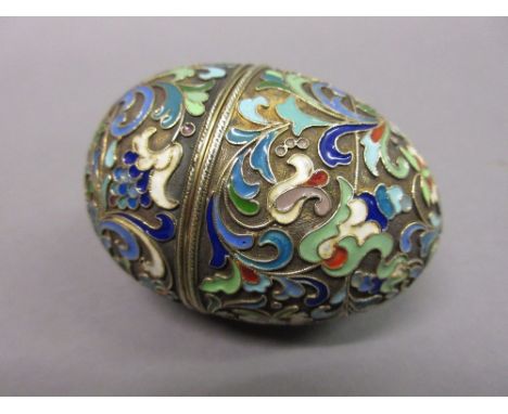 Russian silver, silver gilt and floral enamel decorated egg form box marked Kokoshnik 84 and H 3, 7cms overall
