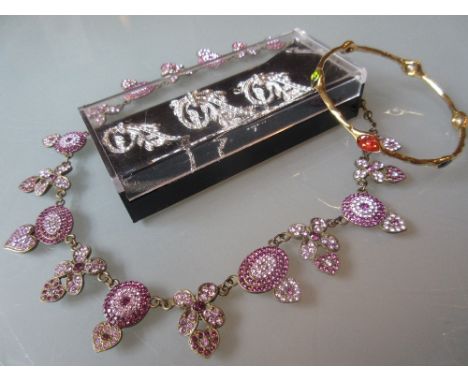 Paste set costume necklet, gilt metal bangle and diamante brooch