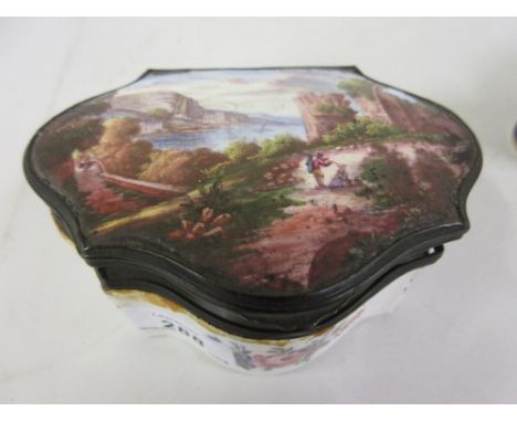 Large 19th Century Continental enamel shaped box with floral painted panels, the hinged cover painted with a coastal scene wi
