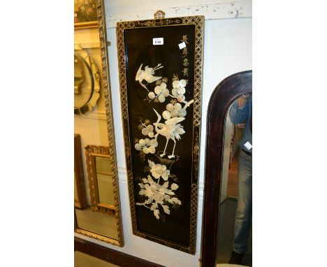 20th Century Japanese lacquer rectangular wall panel decorated with applied mother of pearl depicting flowers and cranes