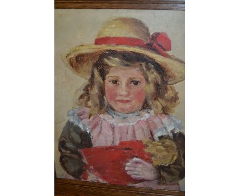 Oil on canvas, a young girl wearing a straw hat, oak framed, unsigned, 15ins x 13ins, overpainted print of Robbie Burns and a