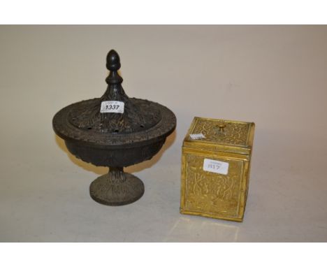 Victorian cast iron pot pourri bowl with cover and a brass single division tea caddy with cover