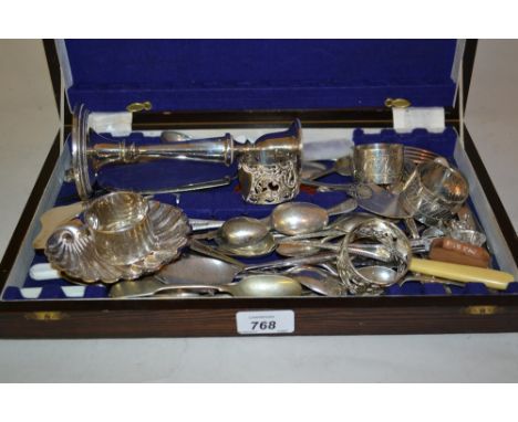 Silver shell form butter dish, napkin ring and candlestick, four plated napkin rings and a quantity of plated flatware