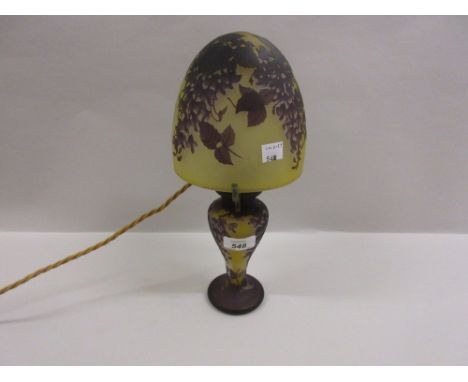 Galle style cameo glass mushroom form table lamp decorated with wisteria in shades of purple and gold, 14ins high approximate