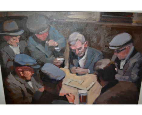Irish school oil on canvas, gentleman playing dominoes in a pub interior, 18ins x 24ins