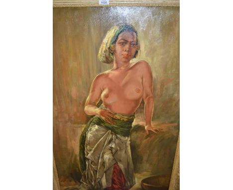 Hasim, large 20th Century oil on canvas, portrait study of an Indonesian semi nude girl, signed, 43.5ins x 26.5ins, gilt fram