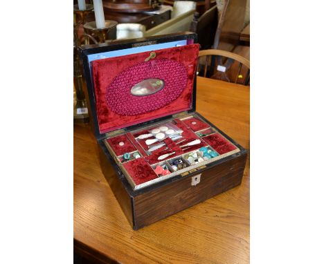 19th Century rosewood work box with mother of pearl inlaid escutcheons
