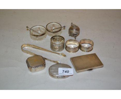 Pair of silver bright cut sugar tongs, three silver napkin rings, three silver and silver mounted salts with spoons, an orien