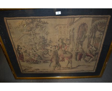 Machine woven tapestry picture, figures in a Spanish courtyard, gilt framed