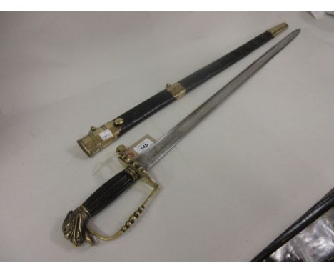 Reproduction sword with single fuller blade, engraved Davis Brown, Boston with brass hilt and leather brass mounted scabbard