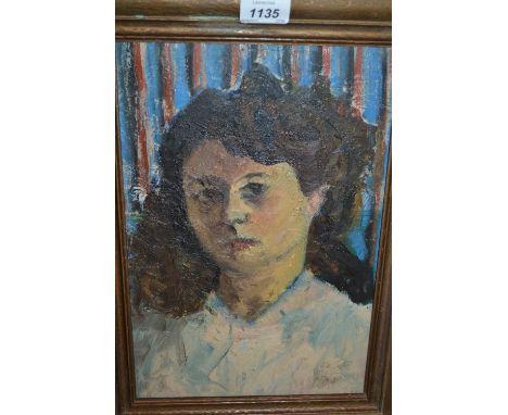 Oil on board, half length portrait of a young lady in a white tunic, bearing Vente Aizipiri stamp verso, 13.5ins x 9ins