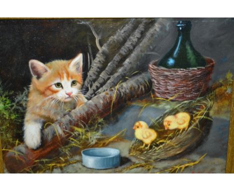 Edouard Cerrone, oil on panel of a kitten and chicks, signed, 7ins x 9ins