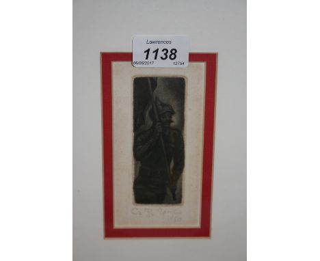 Pair of Russian school etchings, portrait of a soldier and study of musicians, both indistinctly signed