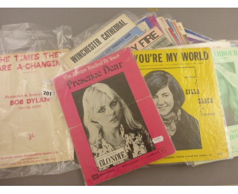 Collection of vintage sheet music from 1950's onwards including Bob Dylan The Times They Are A-Changing and Blonde Presence D