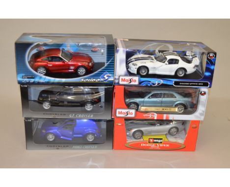 Six 1:18 scale diecast model vehicles including: Burago Dodge Viper SRT/10; Solido Chrysler Crossfire 2002; 2x AutoArt Chrysl