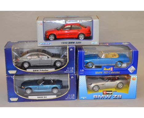 Five 1:18 scale diecast model vehicles including: Revell BMW 503 Cabriolet; Welly 1998 BMW 328i; 2x Motor Max BMW 7-Series/Z4