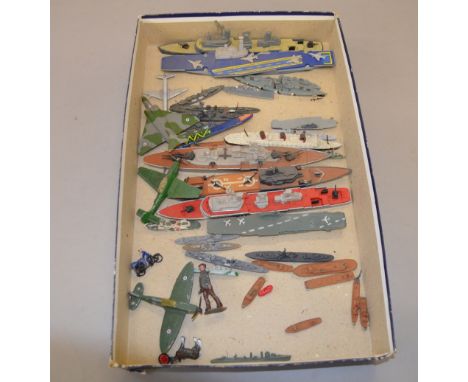 Quantity of diecast ships and planes, some suitable for wargaming. Varying scales including 1:1200. Approx 40.