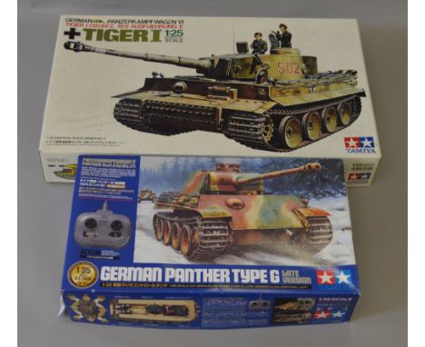 Tamiya 1/35th construction kit 48205 Panther tank together with a 1/25th scale Tiger 1 tank.Both GB examples (2)