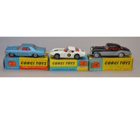 Three Corgi diecast model vehicles including: 324 Marcos 1800 G.T. with Volvo Engine; 245 Buick Rivier; 224 Bentley Continent