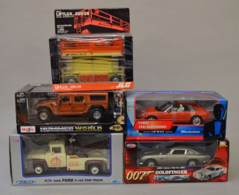 Five 1:18 scale diecast model vehicles including: 007 Ford Thunderbird; Joyride 007 Goldfinger 1965 Aston Martin DB5. Maisto 
