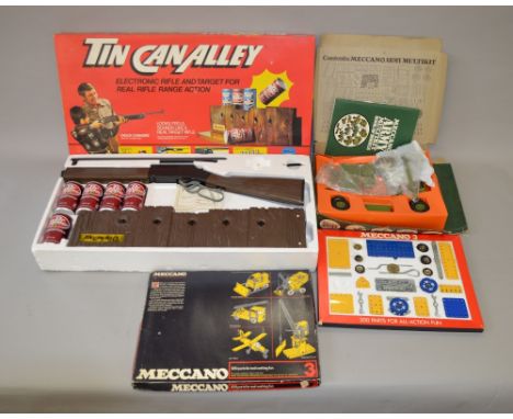 Meccano Army multi kit, together with a Meccano set 3. Both VG in F boxes, also together with a Tin can alley shooting game (