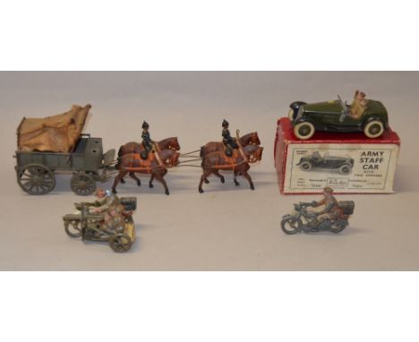Boxed Britains Army Staff Car, Screen Loose (but 2x Military Motorcycles and Horse Drawn Wagon). Overall G